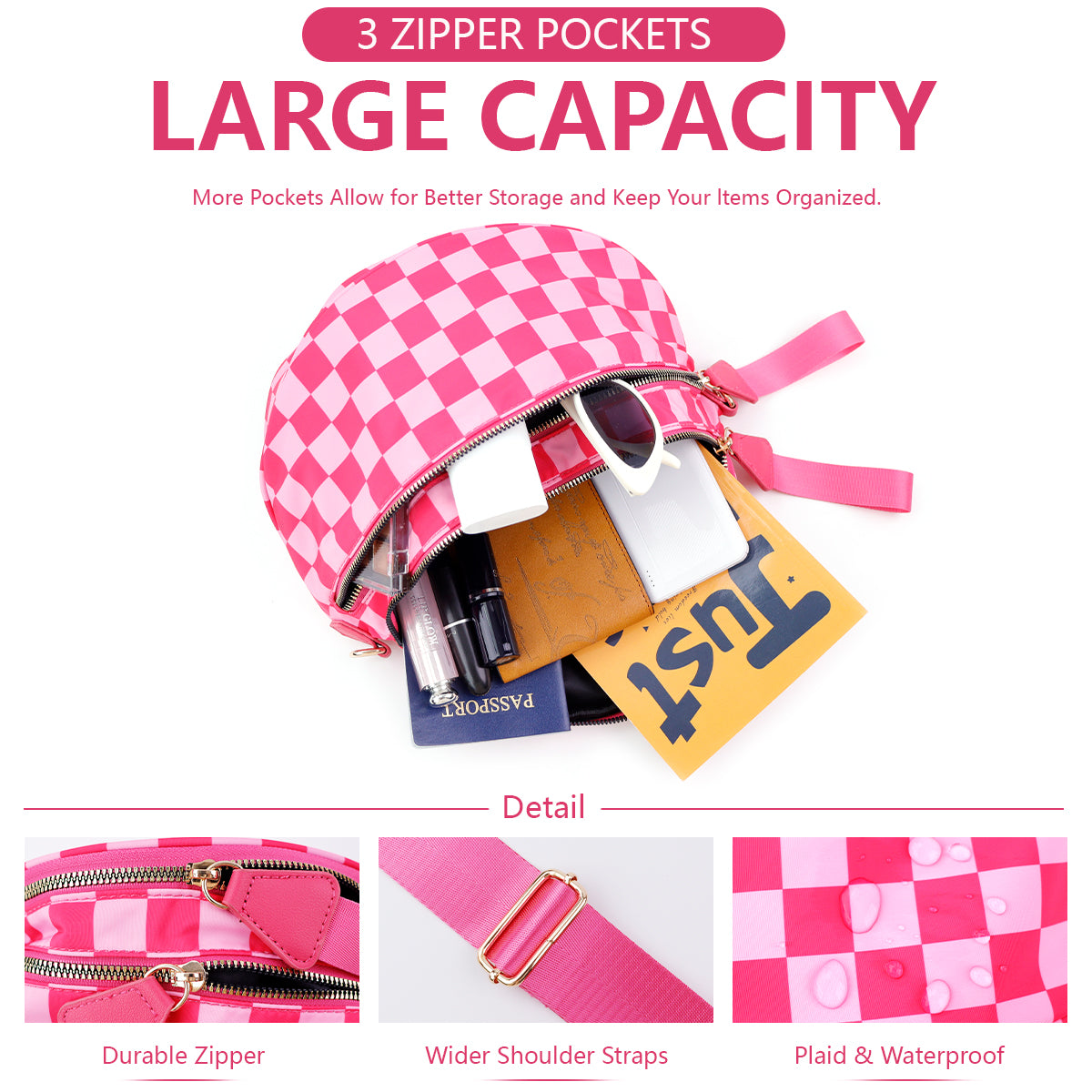 Geruite Crossbody Riemtas voor Dames - Ruime Heuptas voor Moeders & Dagelijks Reizen