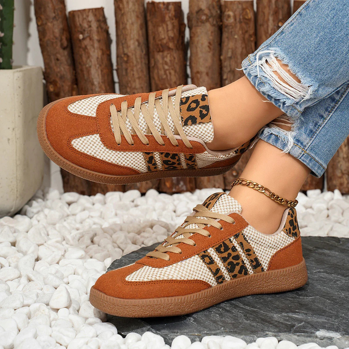 Retro bruin/beige sneakers met luipaardprint