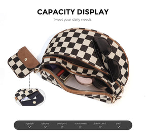 Geruite Crossbody Riemtas voor Dames - Ruime Heuptas voor Moeders & Dagelijks Reizen