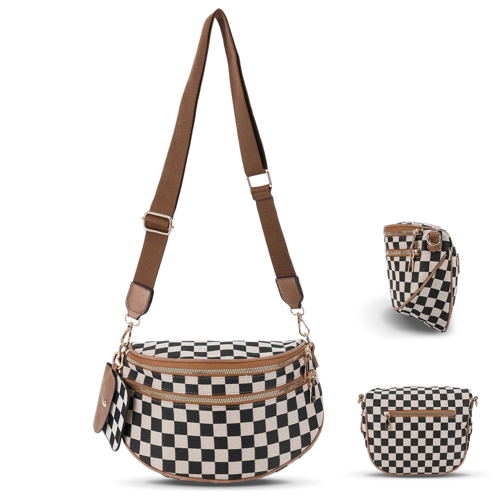 Geruite Crossbody Riemtas voor Dames - Ruime Heuptas voor Moeders & Dagelijks Reizen