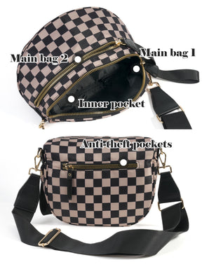 Geruite Crossbody Riemtas voor Dames - Ruime Heuptas voor Moeders & Dagelijks Reizen
