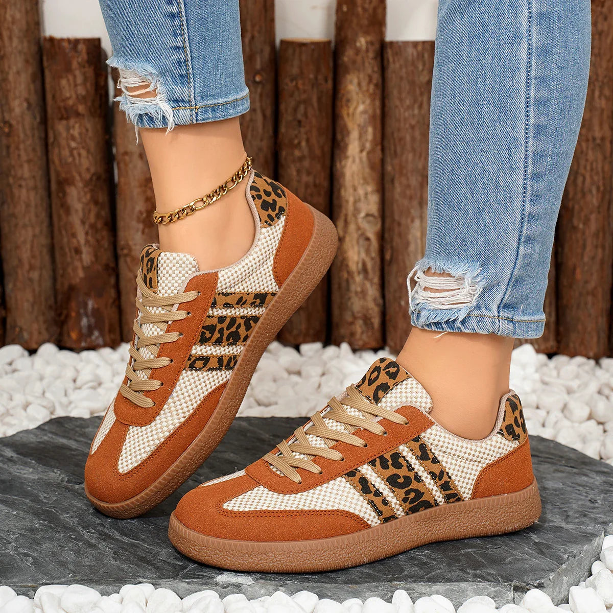 Retro bruin/beige sneakers met luipaardprint 